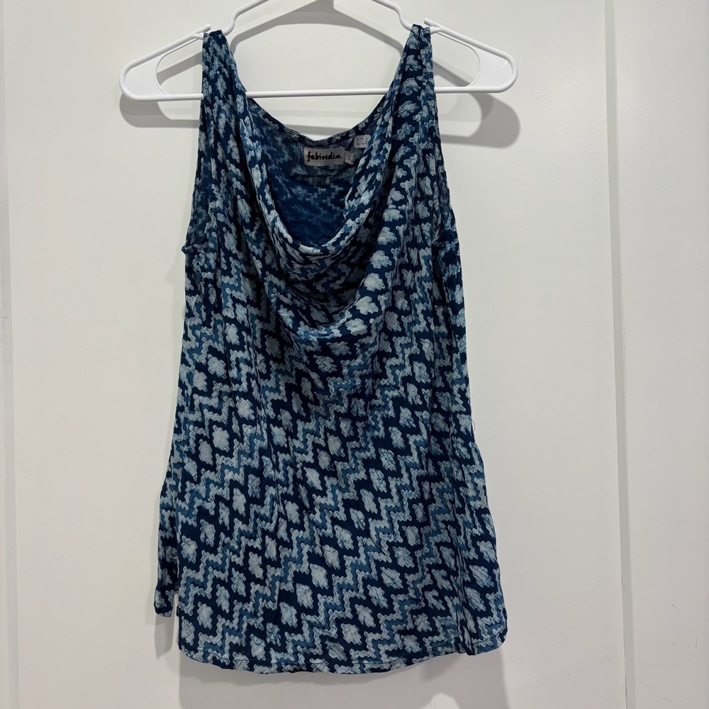 Fabindia Blue White Ikat Geometric Cowl Neck Modal Sleeveless Top Womens Large